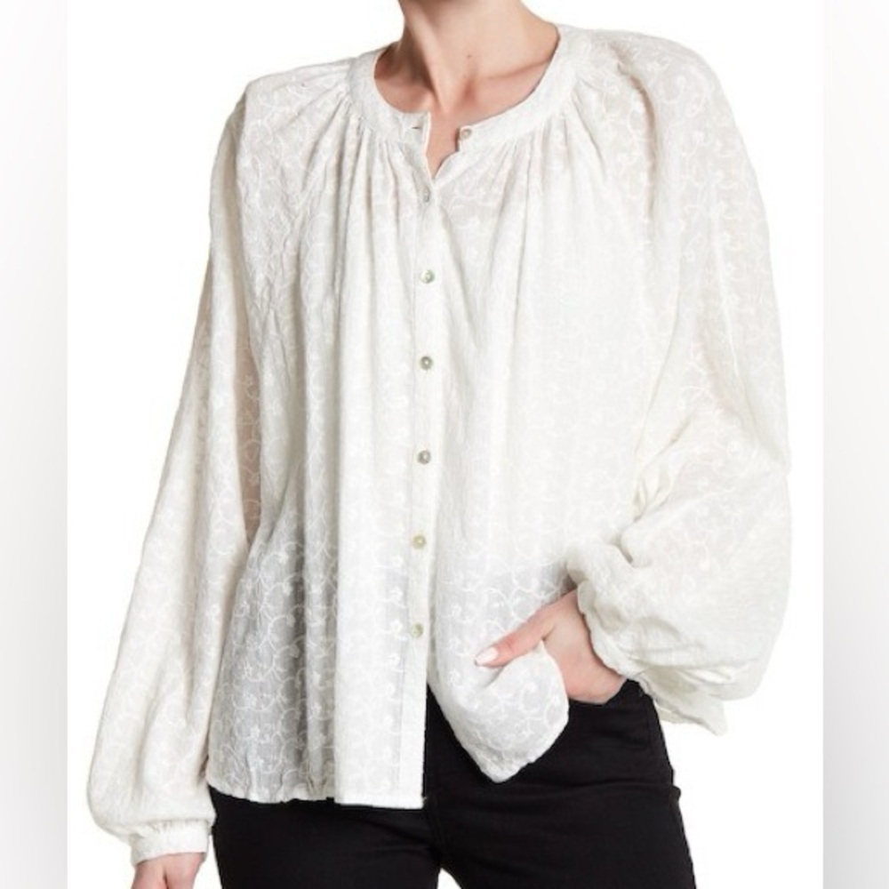 Free People Down From The Clouds Embroidered Eyelet White Blouse Button Top